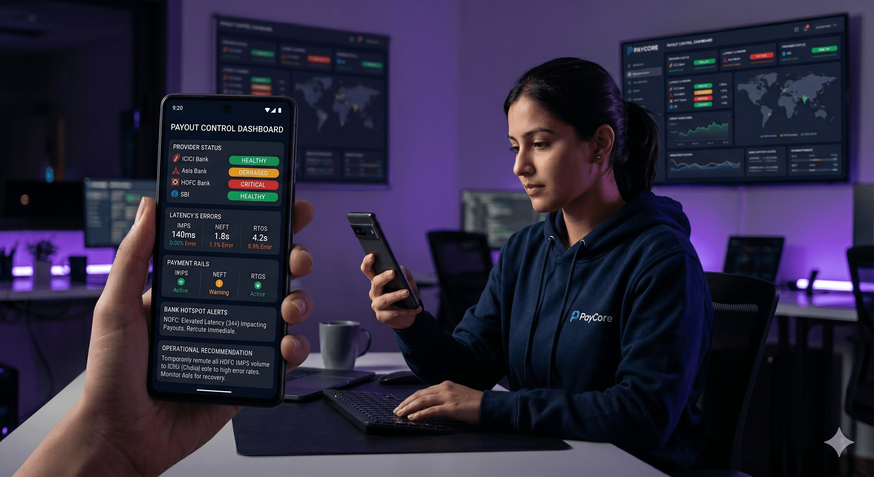 Cross-functional payout operator monitoring the control layer from mobile and desktop surfaces