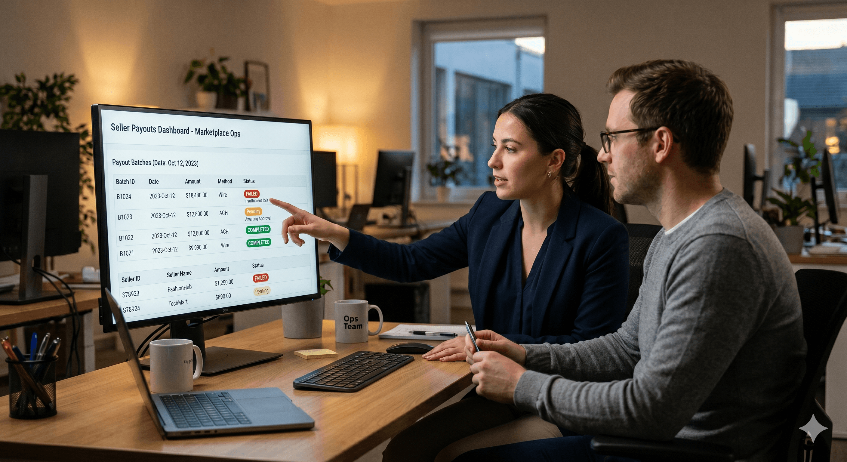 Marketplace payout operators reviewing seller exceptions and payout batches together