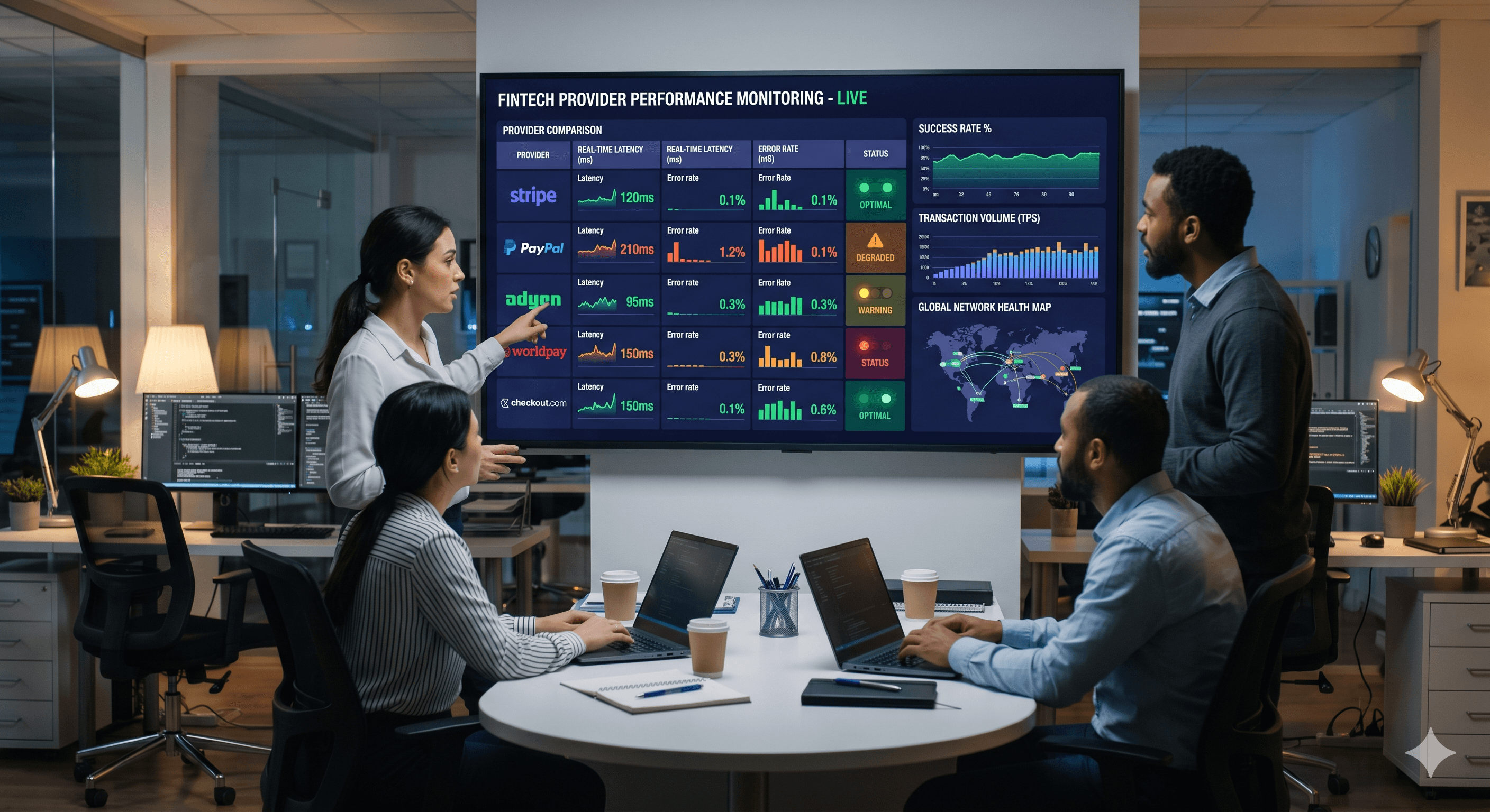 Payment service provider team reviewing provider performance, payout health, and live callback posture
