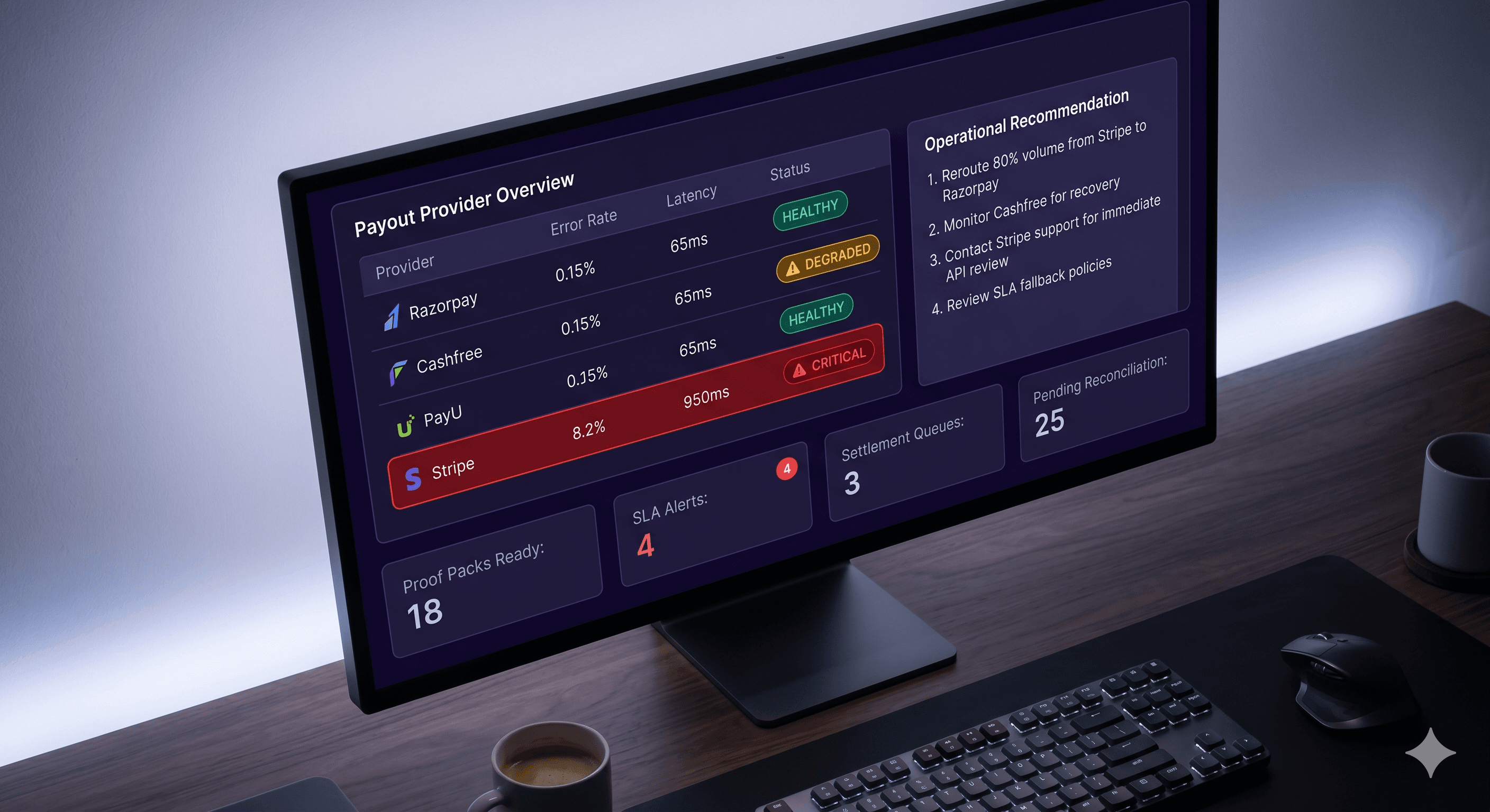 Payout provider control surface showing live provider status, SLA alerts, and recovery recommendations